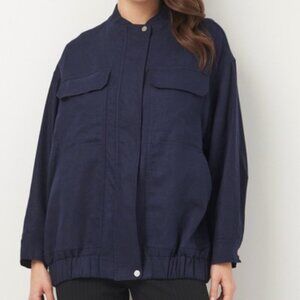 Zara Linen Bomber Full Zip Lightweight Pockets Jacket In Blue Women's Sz S